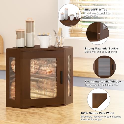 TQVAI Bread Box for Kitchen Countertop Large Corner Bread Loaf Storage Container Double Layer Wooden Bread Boxes Bin Farmhouse Pantry Shelf with Acrylic Window, Retro Brown - Image 4