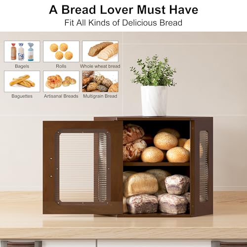 TQVAI Bread Box for Kitchen Countertop Large Corner Bread Loaf Storage Container Double Layer Wooden Bread Boxes Bin Farmhouse Pantry Shelf with Acrylic Window, Retro Brown - Image 2