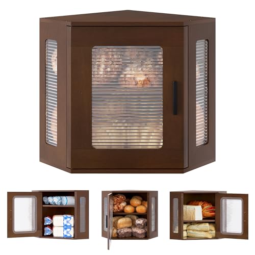 TQVAI Bread Box for Kitchen Countertop Large Corner Bread Loaf Storage Container Double Layer Wooden Bread Boxes Bin Farmhouse Pantry Shelf with Acrylic Window, Retro Brown - Image 1