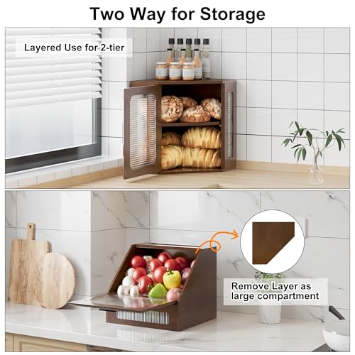 TQVAI Bread Box for Kitchen Countertop Large Corner Bread Loaf Storage Container Double Layer Wooden Bread Boxes Bin Farmhouse Pantry Shelf with Acrylic Window, Retro Brown - Image 5