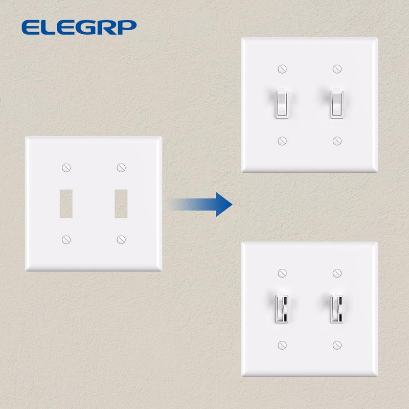 ELEGRP لوحات حائطية لمفاتيح تبديل ثنائية من Elegrp، مقاس قياسي 4.53 بوصة ارتفاع × 4.57 بوصة طول، غطاء لوحة أمامية من البلاستيك الحراري غير قابل للكسر لمفاتيح إضاءة التعتيم، مدرج في قائمة UL (عبوة واحدة، أبيض لامع) - Image 4