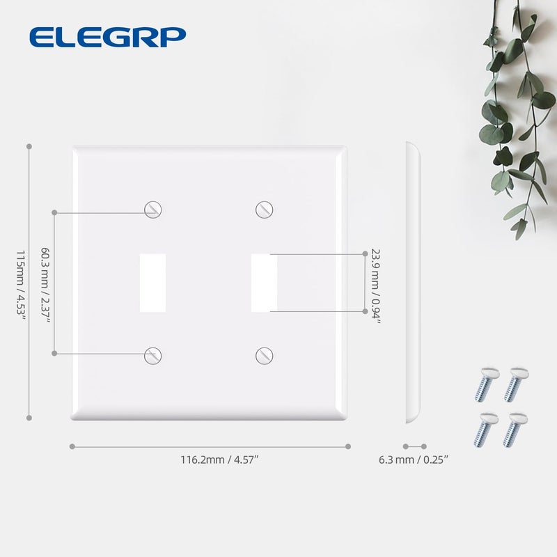 ELEGRP لوحات حائطية لمفاتيح تبديل ثنائية من Elegrp، مقاس قياسي 4.53 بوصة ارتفاع × 4.57 بوصة طول، غطاء لوحة أمامية من البلاستيك الحراري غير قابل للكسر لمفاتيح إضاءة التعتيم، مدرج في قائمة UL (عبوة واحدة، أبيض لامع) - Image 5