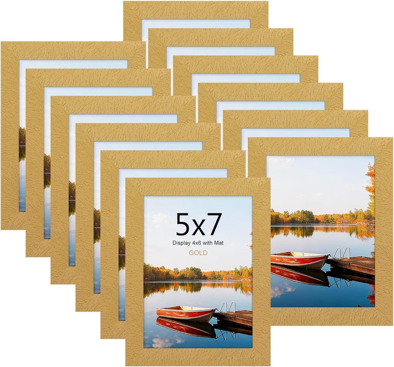 Picrit Set of 12 Photo Frames 12 x 15 cm with Mount or 12 x 17 cm without Mat, Photo Frames for Wall or Tabletop Photo Frames, Gold - Image 1