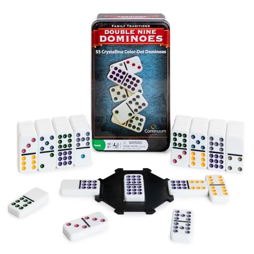 Continuum Games Family Traditions Double 9 Dominoes 55 Piece Set in Storage Tin Crystalline Dominoes for Kids and Adults Classic Game Night and Travel - Image 1