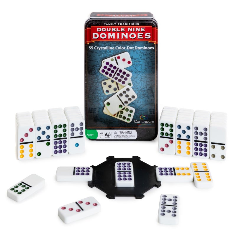 Continuum Games Family Traditions Double 9 Dominoes 55 Piece Set in Storage Tin Crystalline Dominoes for Kids and Adults Classic Game Night and Travel - Image 3