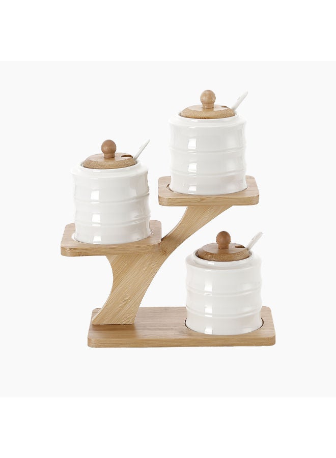 Zinnia Set Of 3 Sugar Bowls With Spoon Wooden Lid And Wooden Stand