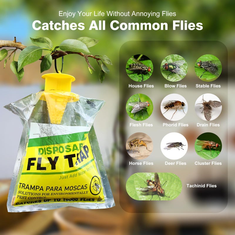 USKICH 8 Pack Outdoor Hanging Fly Traps, Disposable Flies Killer Trap Bag Catcher with Natural Attractant Bait Bug Catcher and Flying Insect Trap for Outdoor Family Farm Park Orchard Garden - Image 5