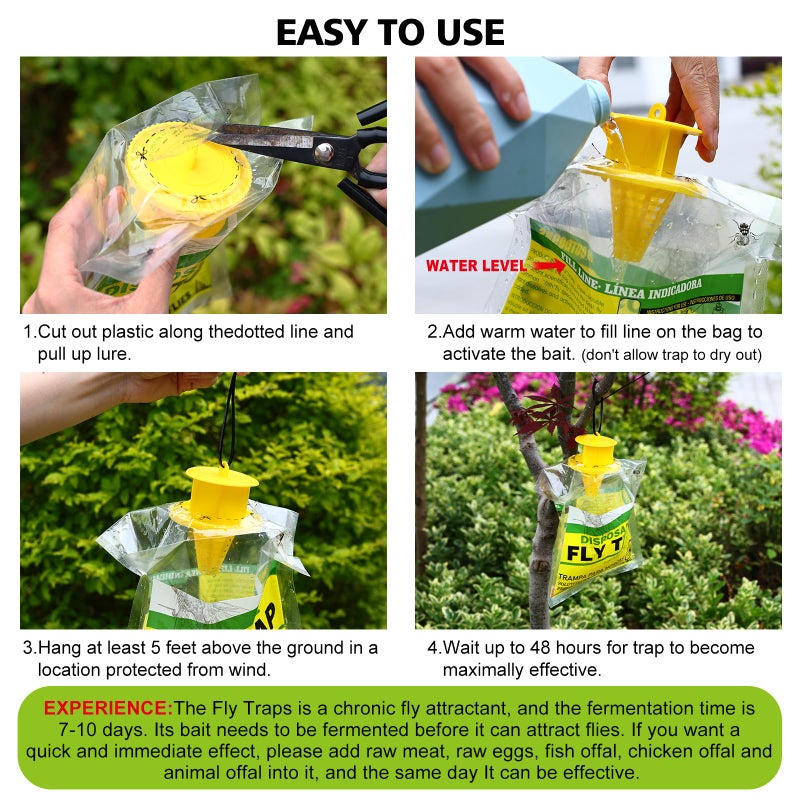 USKICH 8 Pack Outdoor Hanging Fly Traps, Disposable Flies Killer Trap Bag Catcher with Natural Attractant Bait Bug Catcher and Flying Insect Trap for Outdoor Family Farm Park Orchard Garden - Image 4