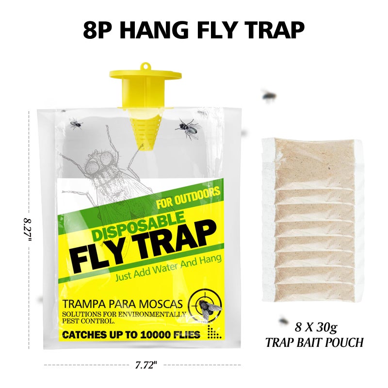 USKICH 8 Pack Outdoor Hanging Fly Traps, Disposable Flies Killer Trap Bag Catcher with Natural Attractant Bait Bug Catcher and Flying Insect Trap for Outdoor Family Farm Park Orchard Garden - Image 3
