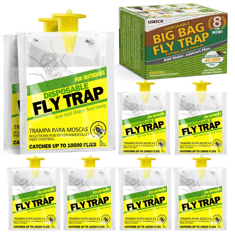 USKICH 8 Pack Outdoor Hanging Fly Traps, Disposable Flies Killer Trap Bag Catcher with Natural Attractant Bait Bug Catcher and Flying Insect Trap for Outdoor Family Farm Park Orchard Garden - Image 1