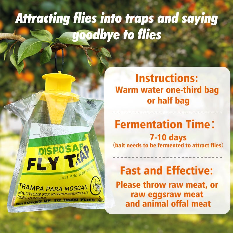 USKICH 8 Pack Outdoor Hanging Fly Traps, Disposable Flies Killer Trap Bag Catcher with Natural Attractant Bait Bug Catcher and Flying Insect Trap for Outdoor Family Farm Park Orchard Garden - Image 2