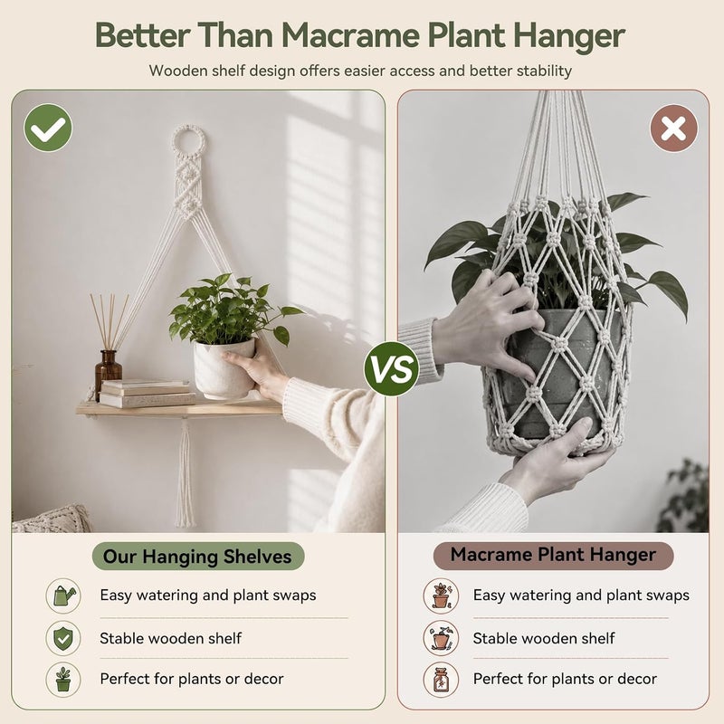 Artilady Macrame Wall Hanging Shelf Boho Storage Wall Decor for Bedroom | 2 Pack Plant Shelves, Crystal Candle Holder for Small Space, Stable Adjustable Length, Rustic Living Room Home Decor - Image 5