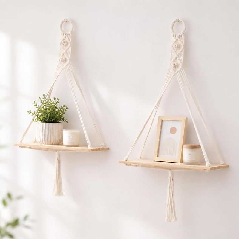 Artilady Macrame Wall Hanging Shelf Boho Storage Wall Decor for Bedroom | 2 Pack Plant Shelves, Crystal Candle Holder for Small Space, Stable Adjustable Length, Rustic Living Room Home Decor - Image 1