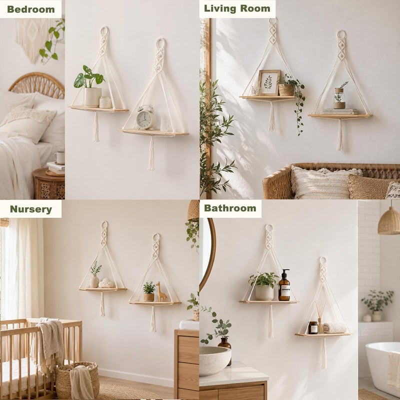 Artilady Macrame Wall Hanging Shelf Boho Storage Wall Decor for Bedroom | 2 Pack Plant Shelves, Crystal Candle Holder for Small Space, Stable Adjustable Length, Rustic Living Room Home Decor - Image 3
