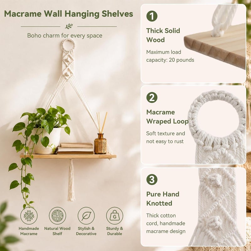 Artilady Macrame Wall Hanging Shelf Boho Storage Wall Decor for Bedroom | 2 Pack Plant Shelves, Crystal Candle Holder for Small Space, Stable Adjustable Length, Rustic Living Room Home Decor - Image 4