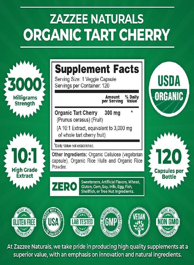 Zazzee USDA Organic Tart Cherry 10:1 Extract, 3000 mg Strength, 120 Vegan Capsules, 4 Month Supply, Standardized, Concentrated 10X Extract, 100% Vegetarian, Certified Organic, All-Natural and Non-GMO - Image 2