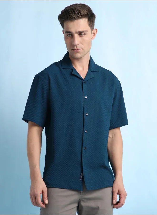 دينيس لينغو Navy Relaxed Fit Cuban Collar Half Sleeve Shirt for Men, crafted from premium cotton-poly fabric with a textured pattern – a stylish and timeless addition to your smart casual collection.