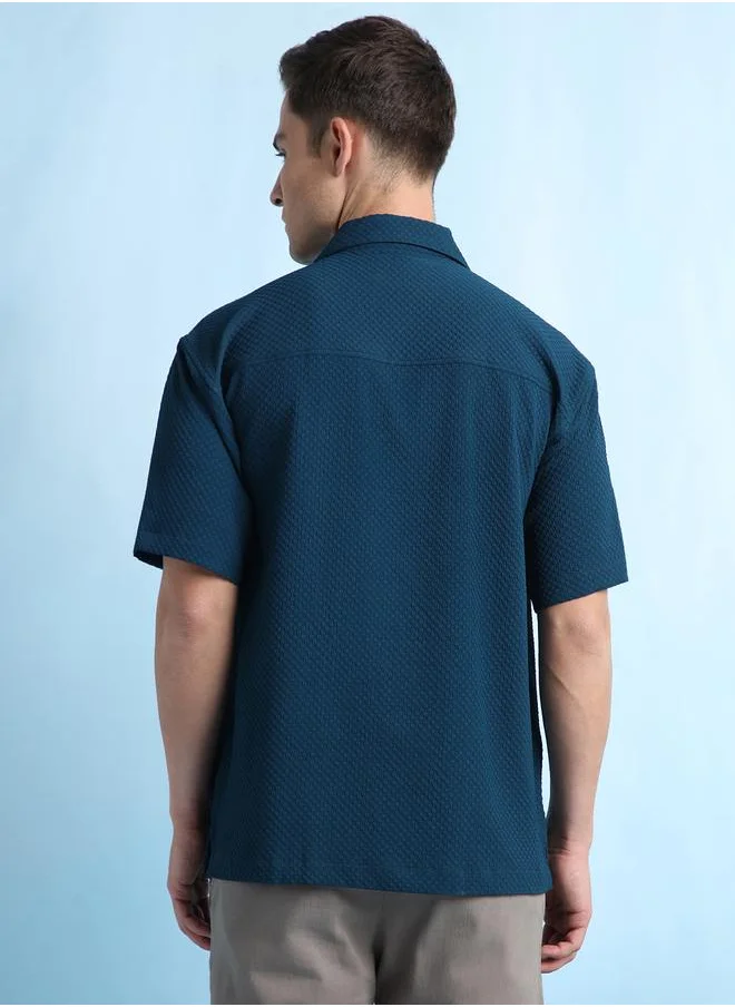 دينيس لينغو Navy Relaxed Fit Cuban Collar Half Sleeve Shirt for Men, crafted from premium cotton-poly fabric with a textured pattern – a stylish and timeless addition to your smart casual collection.