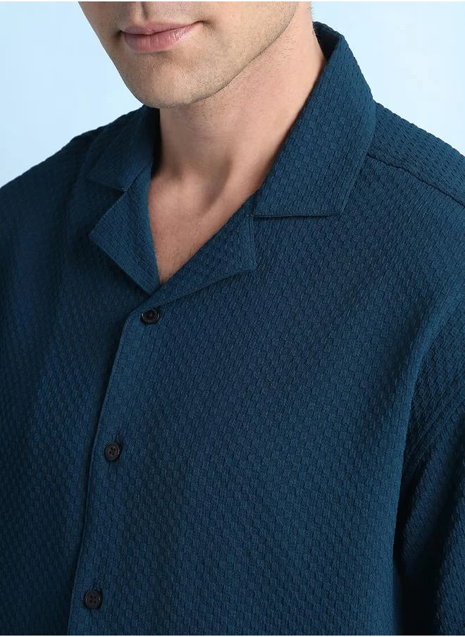 دينيس لينغو Navy Relaxed Fit Cuban Collar Half Sleeve Shirt for Men, crafted from premium cotton-poly fabric with a textured pattern – a stylish and timeless addition to your smart casual collection.