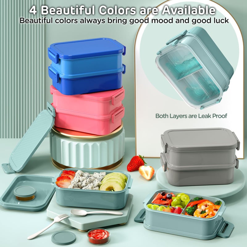 DaCool Lunch Box Adults Bento Box 74 OZ All-in-One Stackable Lunch Box Containers for Adult Large Bento Box with Fork Spoon Sauce Boxes, Leakproof Lunchbox for Work School Dining Out, Morandi-Green - Image 3