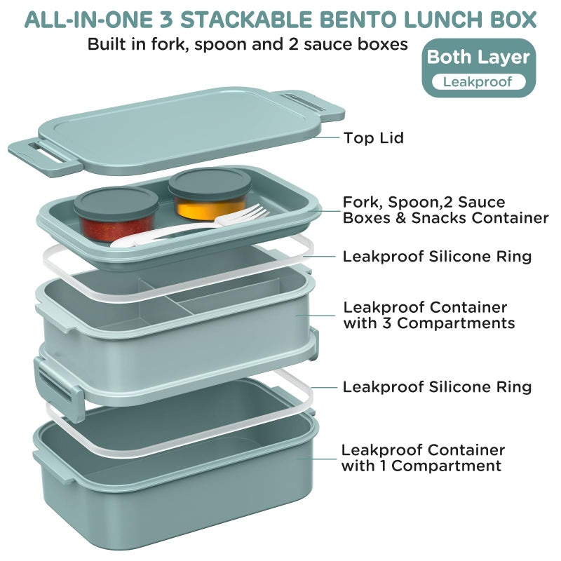 DaCool Lunch Box Adults Bento Box 74 OZ All-in-One Stackable Lunch Box Containers for Adult Large Bento Box with Fork Spoon Sauce Boxes, Leakproof Lunchbox for Work School Dining Out, Morandi-Green - Image 2