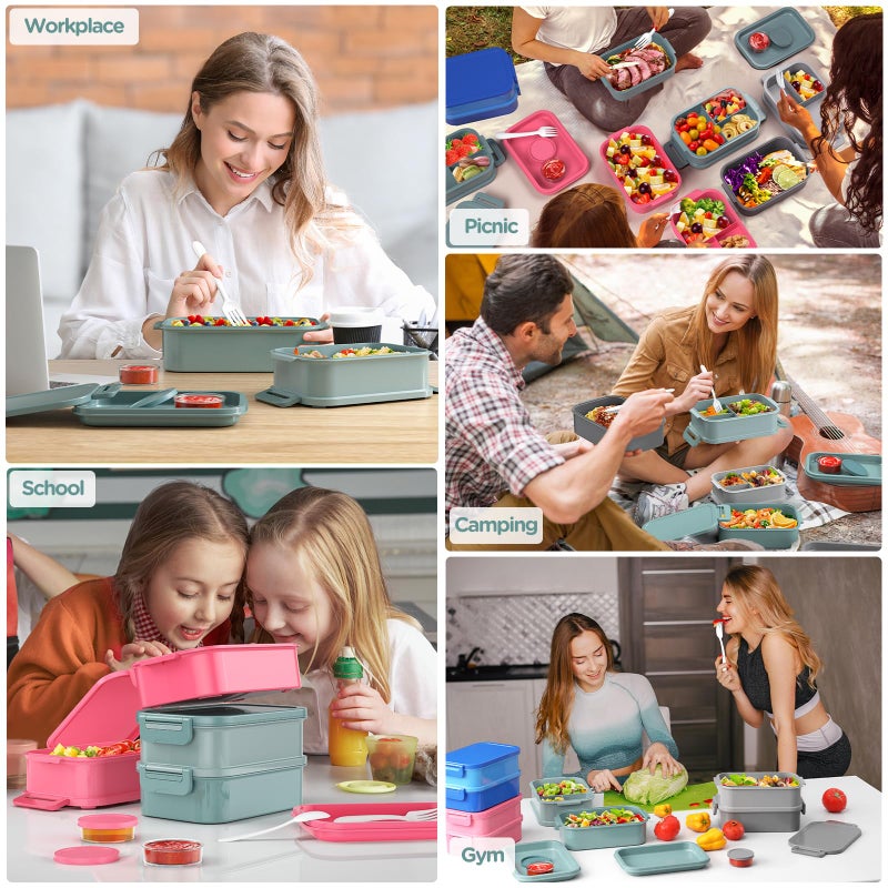 DaCool Lunch Box Adults Bento Box 74 OZ All-in-One Stackable Lunch Box Containers for Adult Large Bento Box with Fork Spoon Sauce Boxes, Leakproof Lunchbox for Work School Dining Out, Morandi-Green - Image 4