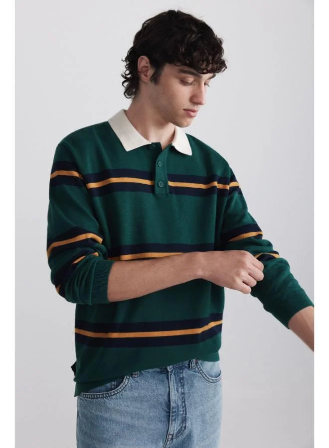 Springfield Striped rugby knit long sleeve polo shirt