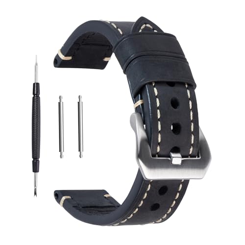 Berfine Black 22mm Genuine Leather Wristwatch Watch Band Oil Tan Vintage Watchband for Men with Stainless Buckle - Image 1