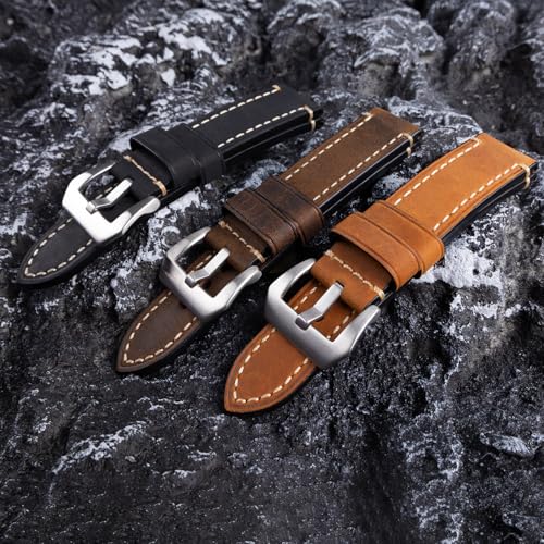 Berfine Black 22mm Genuine Leather Wristwatch Watch Band Oil Tan Vintage Watchband for Men with Stainless Buckle - Image 4