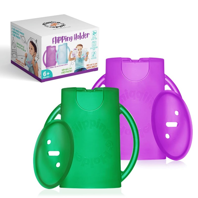 Flipping Holder حامل أكياس الطعام المضاد للضغط للأطفال، الرضع، والأولاد، حامل مشروبات عصير بدون ضغط وحامل وجبات خفيفة من صلصة التفاح مع مقابض سهلة الإمساك وغطاء - Image 1