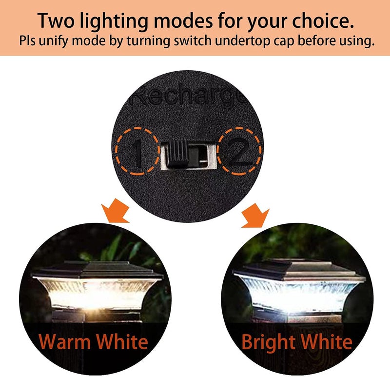 HUYIENO Solar Post Cap Lights Outdoor LED Lighting Deck Fence Cap Light Two Light Modes Warm White/Bright White Suitable for 4x4 Wooden Posts Brushed Copper 2PK - Image 3