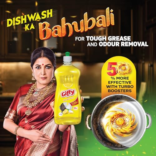 Giffy Liquid Dishwash Gel | 750 ml | Lemon and Active Salt | 50% More Effective | Tough Grease Removal Expert | Turbo Boosters | Mild fragrance | Removes Tough Malodour | Hand-Safe - Image 5