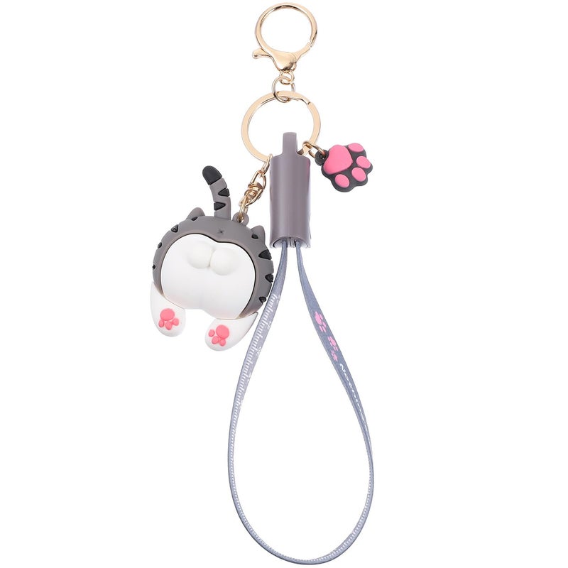 Cartoon Cat Butt Keychain USB Charging Cable Gray Data Line with Lanyard - Image 2
