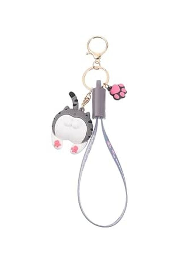 Cartoon Cat Butt Keychain USB Charging Cable Gray Data Line with Lanyard - Image 1