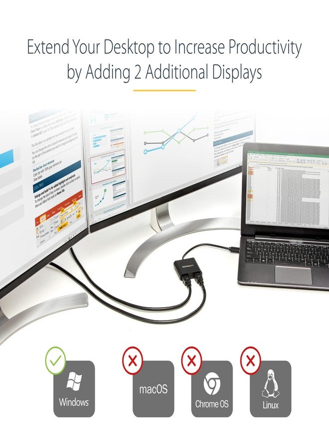 StarTech.com USB 3.0 to Dual HDMI Adapter - 1x 4K 30Hz & 1x 1080p - External Video & Graphics Card - USB Type-A to HDMI Dual Monitor Display Adapter - Supports Windows Only - Black (USB32HD2) - Image 5
