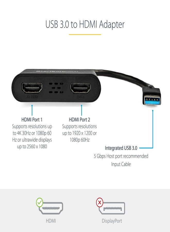 StarTech.com USB 3.0 to Dual HDMI Adapter - 1x 4K 30Hz & 1x 1080p - External Video & Graphics Card - USB Type-A to HDMI Dual Monitor Display Adapter - Supports Windows Only - Black (USB32HD2) - Image 3