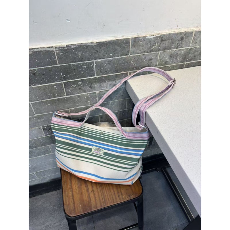 Striped Canvas Tote Bag with Color Block - Image 4
