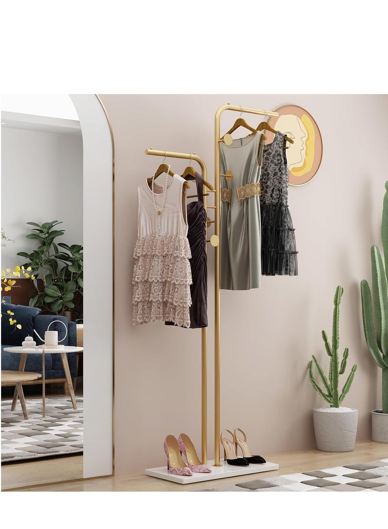 GUDOO Double Pole Metal Coat Rack Metal Coat Rack Stand Gold Coat Rack Freestanding with 5 Hooks and Marble Base Gold Clothing Rack Modern Coat Hanger Stand for Entryway Living Room Bedroom - Image 1