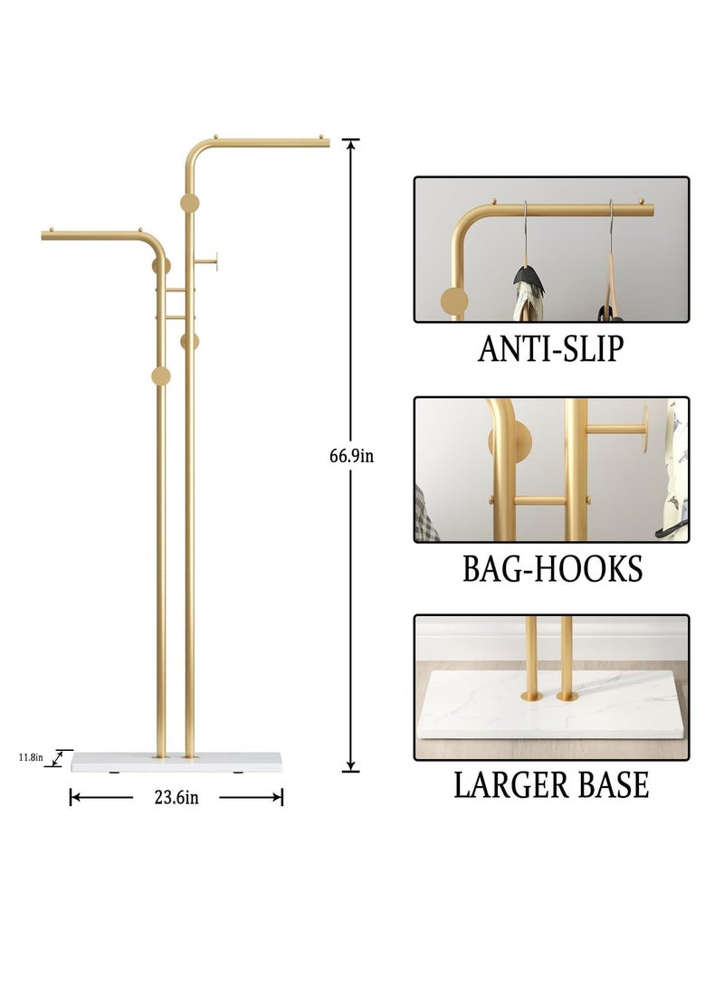 GUDOO Double Pole Metal Coat Rack Metal Coat Rack Stand Gold Coat Rack Freestanding with 5 Hooks and Marble Base Gold Clothing Rack Modern Coat Hanger Stand for Entryway Living Room Bedroom - Image 2