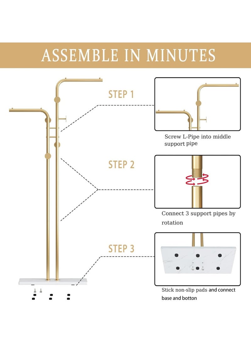 GUDOO Double Pole Metal Coat Rack Metal Coat Rack Stand Gold Coat Rack Freestanding with 5 Hooks and Marble Base Gold Clothing Rack Modern Coat Hanger Stand for Entryway Living Room Bedroom - Image 3