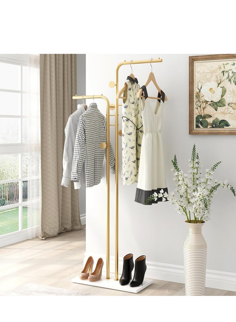 GUDOO Double Pole Metal Coat Rack Metal Coat Rack Stand Gold Coat Rack Freestanding with 5 Hooks and Marble Base Gold Clothing Rack Modern Coat Hanger Stand for Entryway Living Room Bedroom - Image 5
