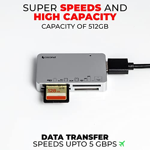 Coconut CR11 USB 3.0 Card Reader with Type C 3.1 OTG, 6 in 1 Memory Card Adapter Compact Flash CF, TF, SD, MicroSD, SDHC, SDXC, MS Upto 10 Gbps Speed for Windows & Mac - PC Laptop Mobile - Black - Image 3