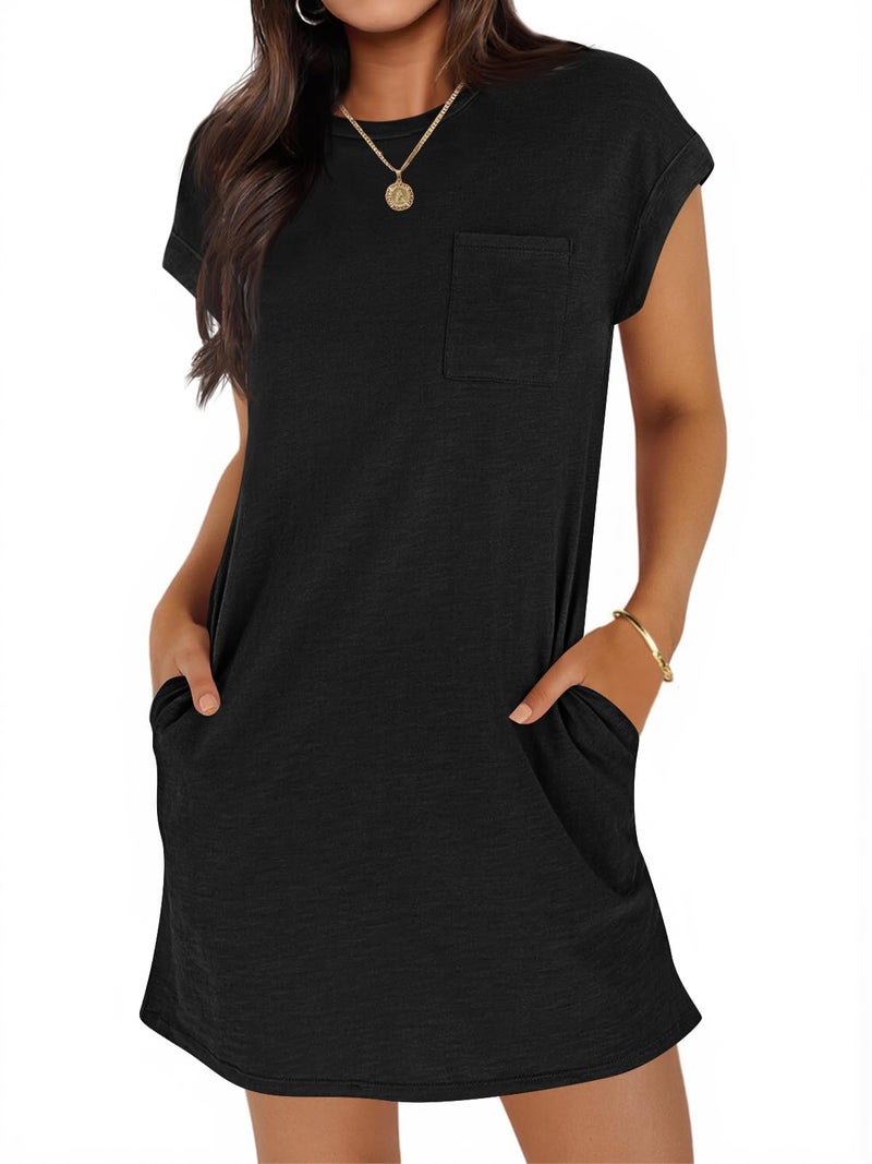 Wenrine Women's Summer T Shirt Dress Casual Short Sleeve Crewneck Loose Fit Mini Dresses with Pockets Black - Image 1