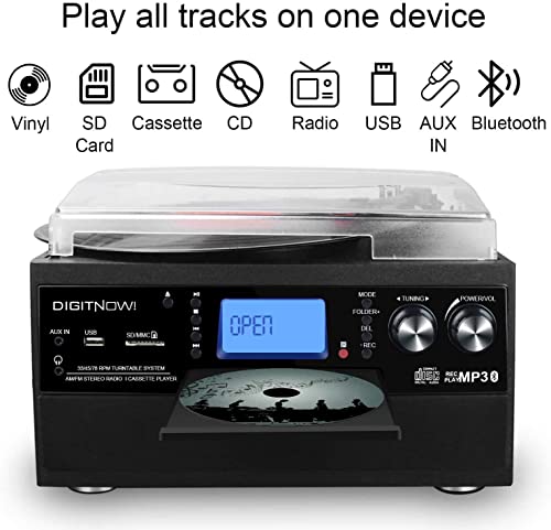 DIGITNOW Bluetooth Record Player Turntable with Stereo Speaker, LP Vinyl to MP3 Converter with CD, Cassette, Radio, Aux in and USB/SD Encoding, Remote Control, Audio Music Player Built in Amplifier - Image 4