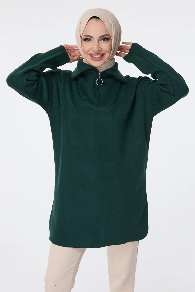 Tofisa 24211-ZUMRUT Zippered Collar Knitwear Tunic