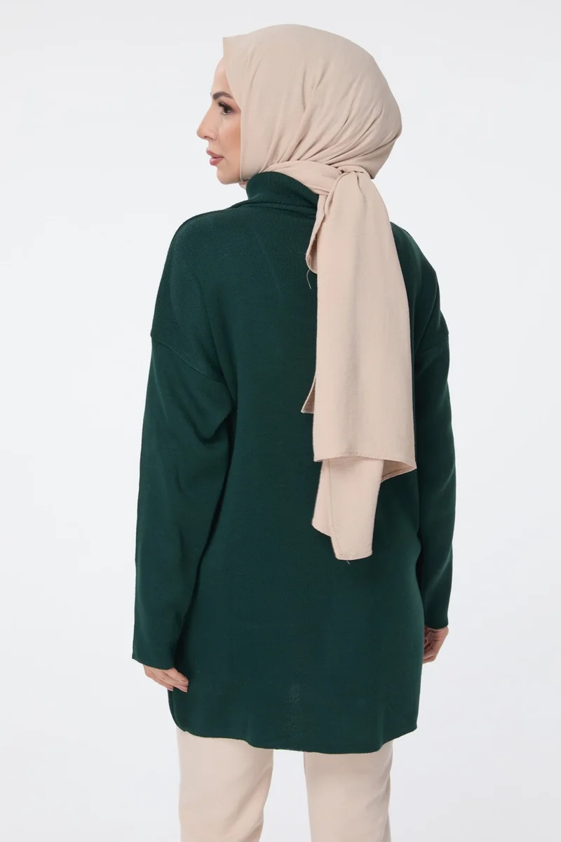 Tofisa 24211-ZUMRUT Zippered Collar Knitwear Tunic