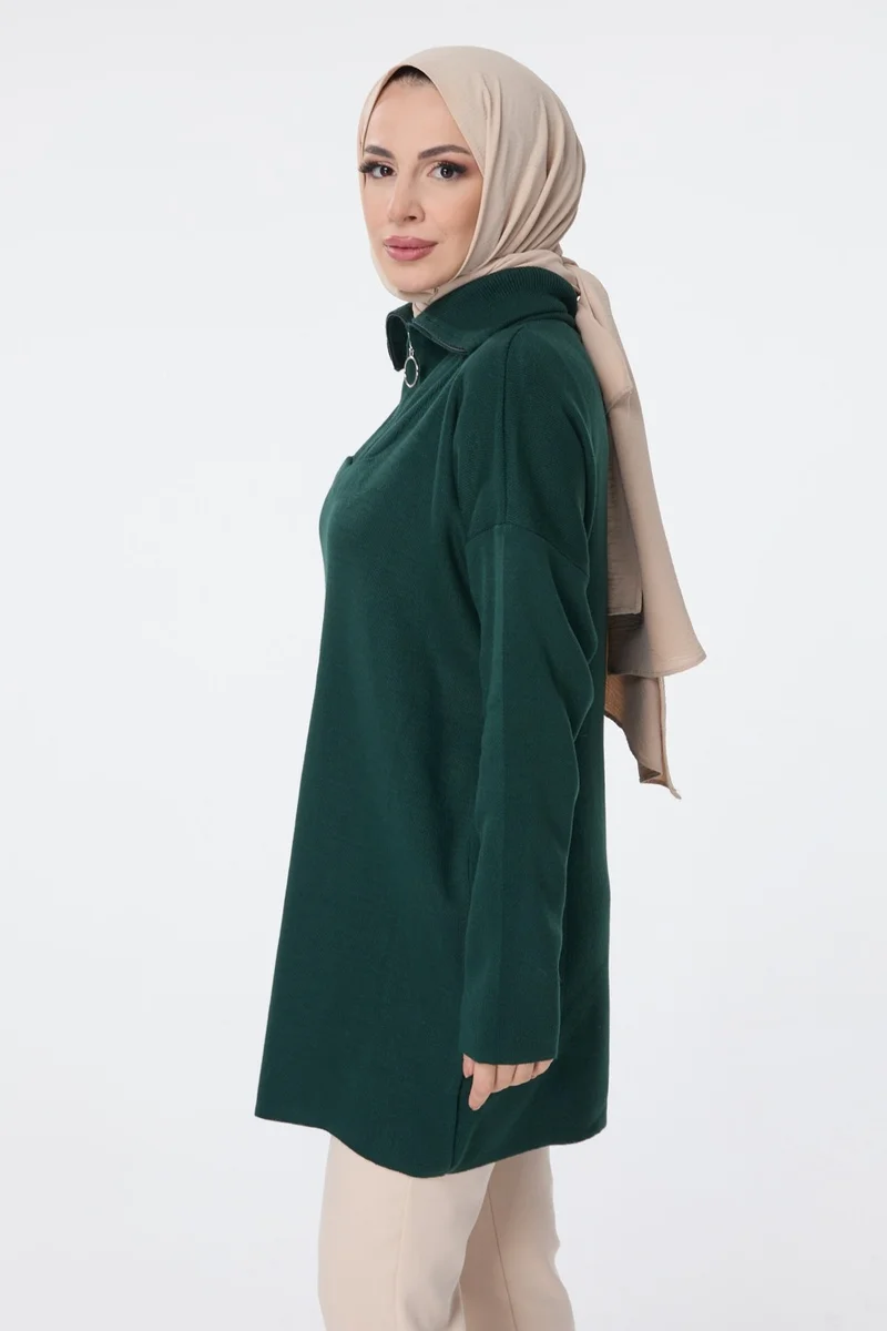 Tofisa 24211-ZUMRUT Zippered Collar Knitwear Tunic