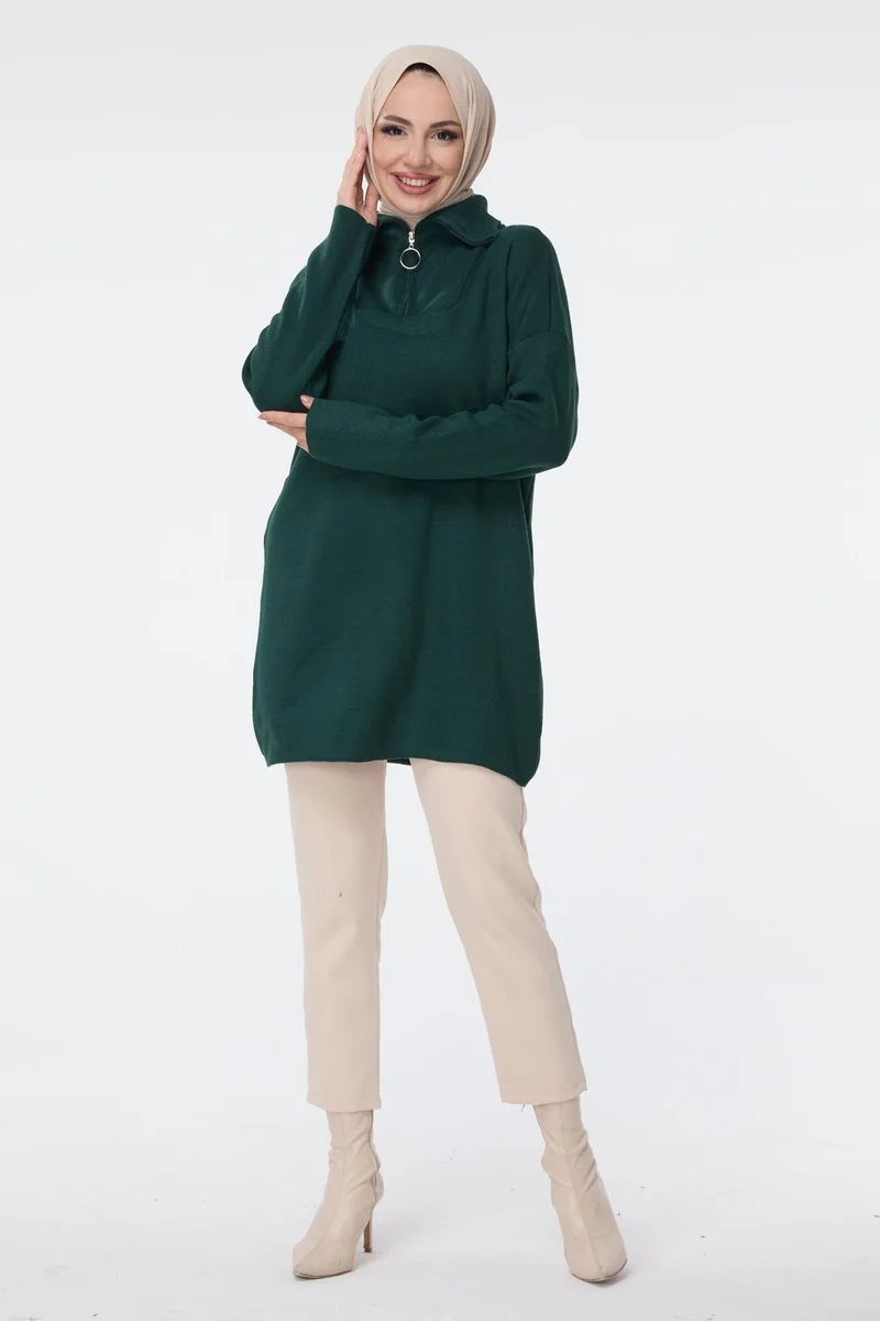 Tofisa 24211-ZUMRUT Zippered Collar Knitwear Tunic