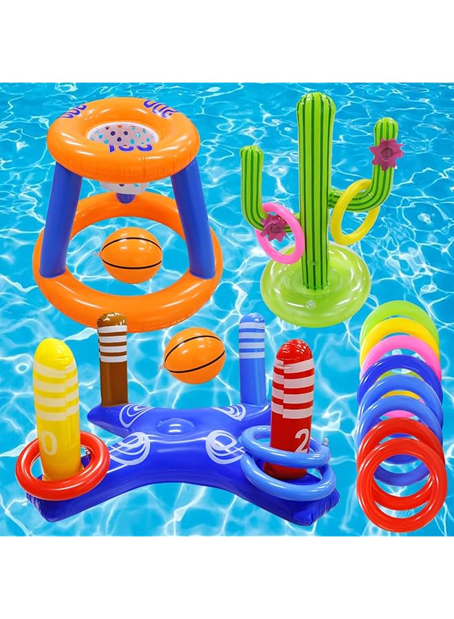 كاست ويف مجموعة ألعاب حمام السباحة، حلقة كرة السلة، لعبة رمي الحلقات المتقاطعة القابلة للنفخ، وألعاب رمي حلقات الصبار القابلة للنفخ للأطفال، ألعاب حمام السباحة للمراهقين والبالغين والعائلة - Image 1