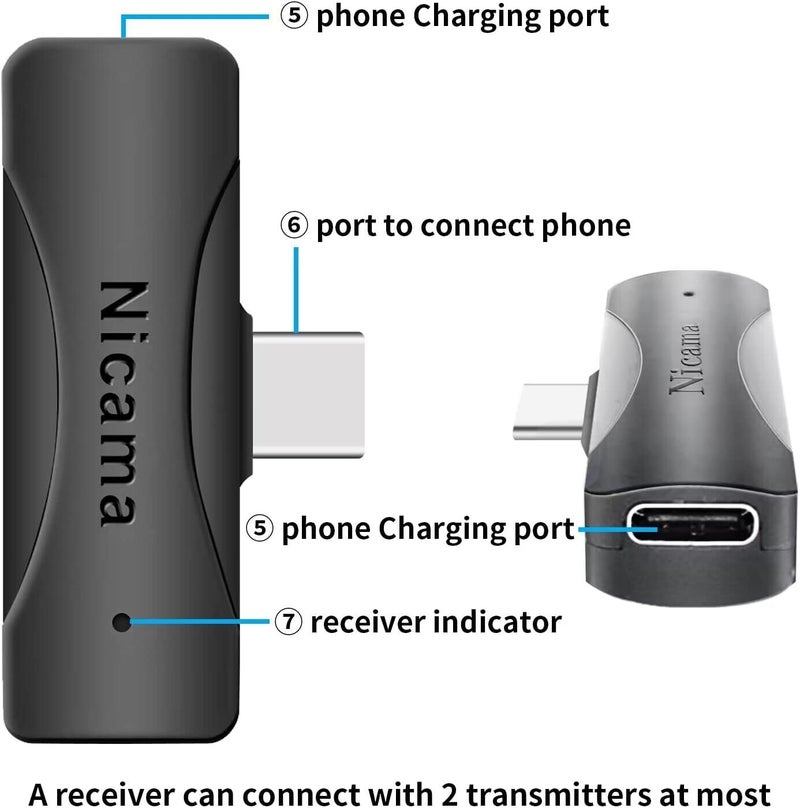 ميكروفون لافاليير لاسلكي Nicama AS12 USB-C مع جهازي إرسال لأجهزة iPhone 15 16 17 وأجهزة Android من نوع USB-C وسامسونج وشاومي والهواتف الذكية وأجهزة الكمبيوتر المحمول للتسجيل والبث المباشر ويوتيوب وفيسبوك وتيك توك (2TX+RX) - Image 5